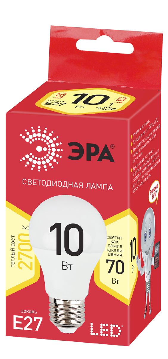 Лампа светодиодная Эра E27 10W 2700K ECO LED A60-10W-827-E27 Б0028006