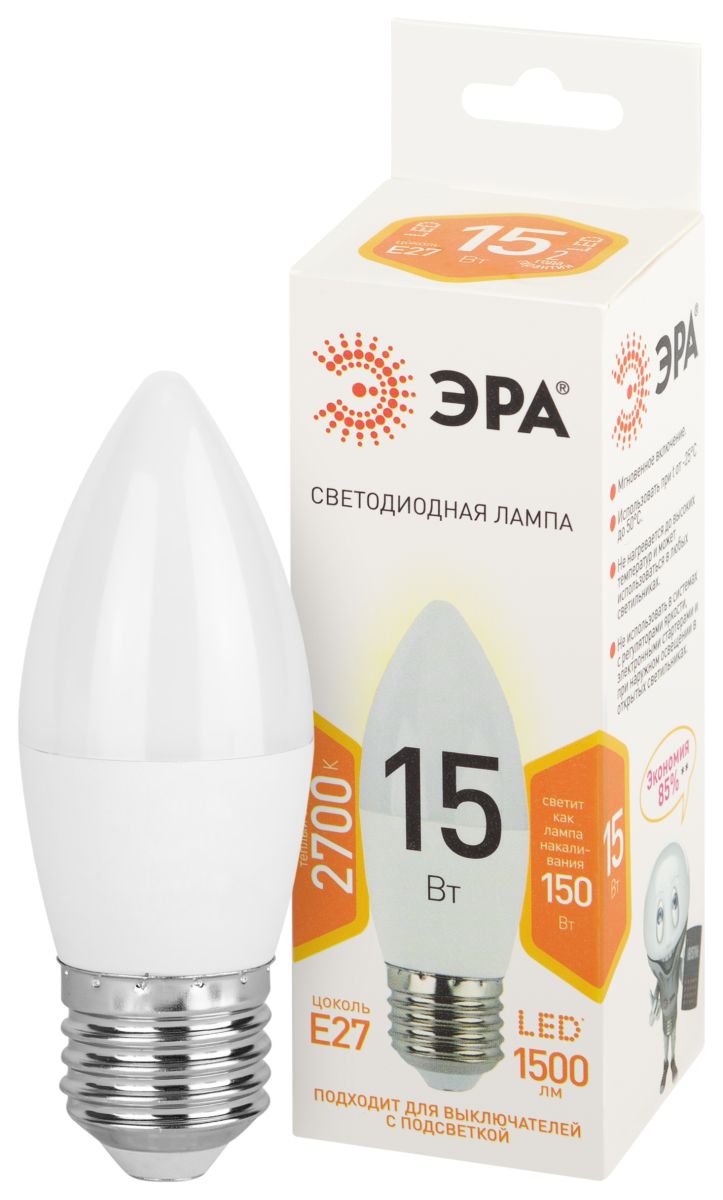 Лампа светодиодная Эра STD LED B35-15W-827-E27 2700K свеча