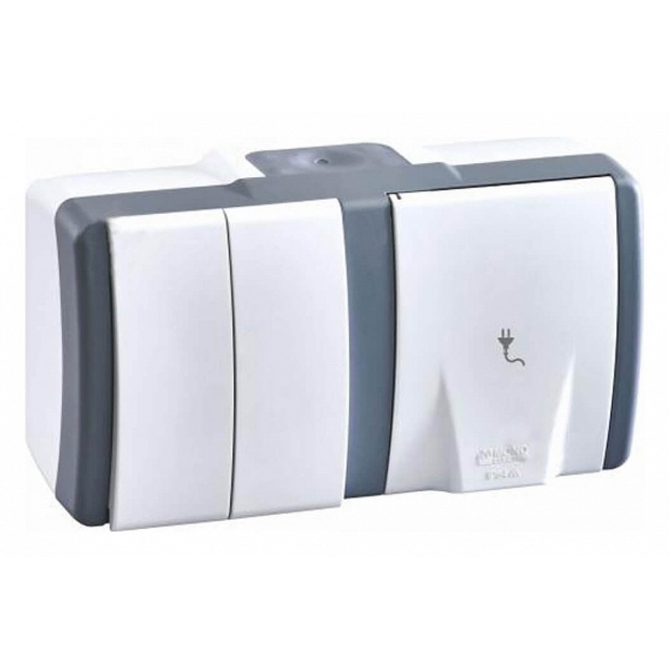 Выключатель двухклавишная + розетка без заземления Mono Electric Octans IP54 16A 250В бело-серый 154-020001-182