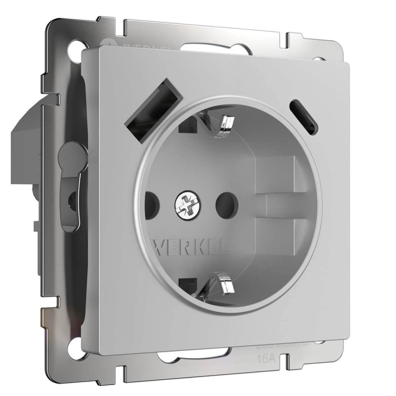 Розетка Werkel с быстрой зарядкой USB Type A+С серебристая W1171706 4690389176432 a056274