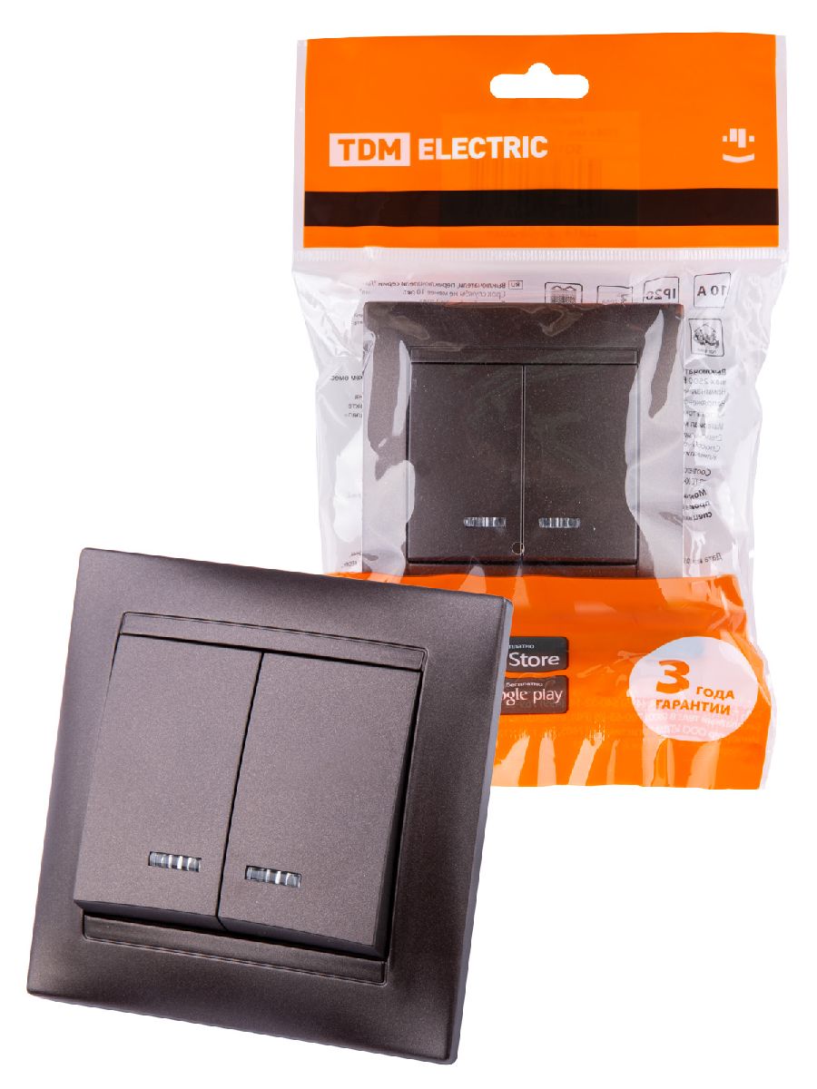 Выключатель двухклавишный с подсветкой Лама TDM Electric SQ1815-0505