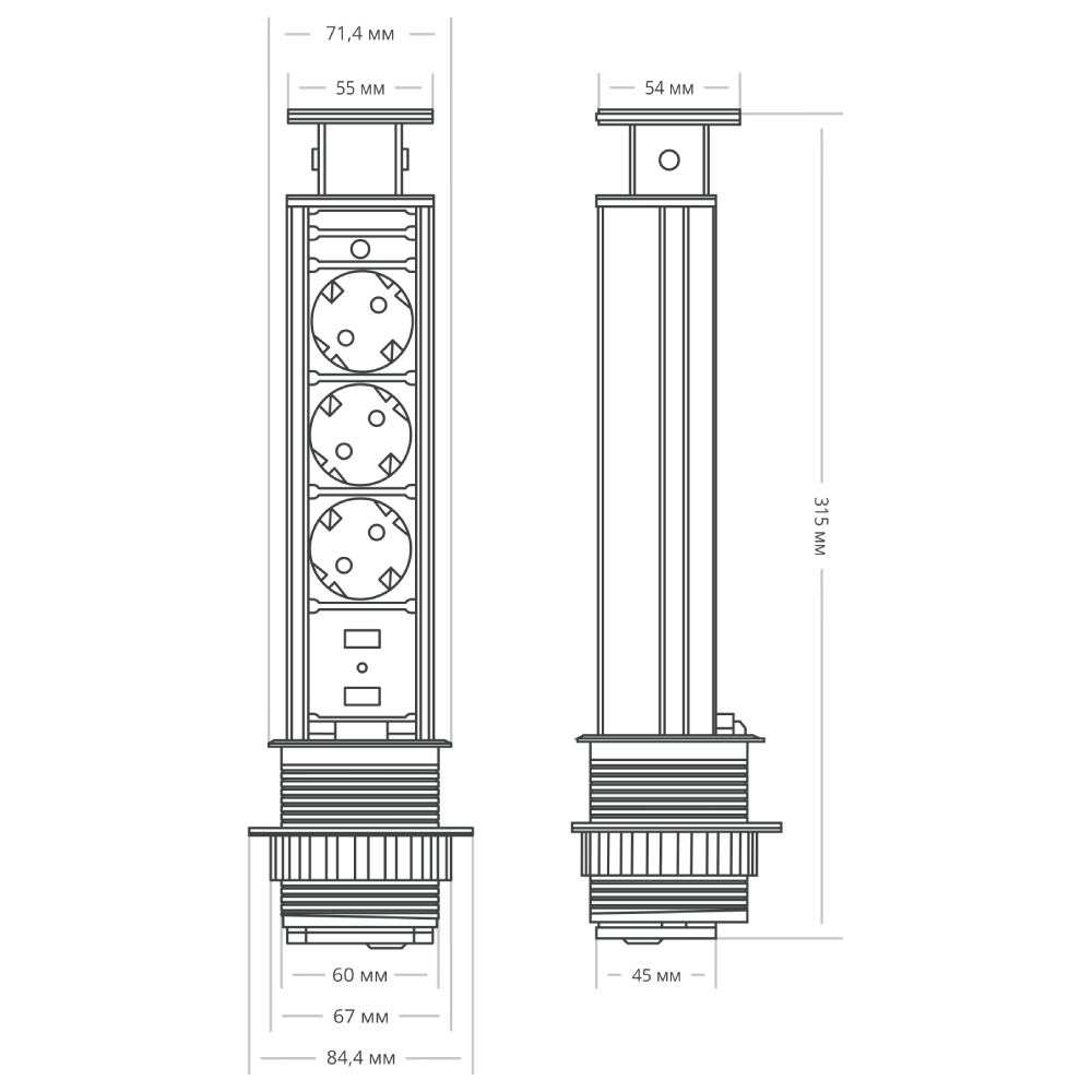 Блок розеток 105S (3 секции и 2 USB) Mebax 00-00001166