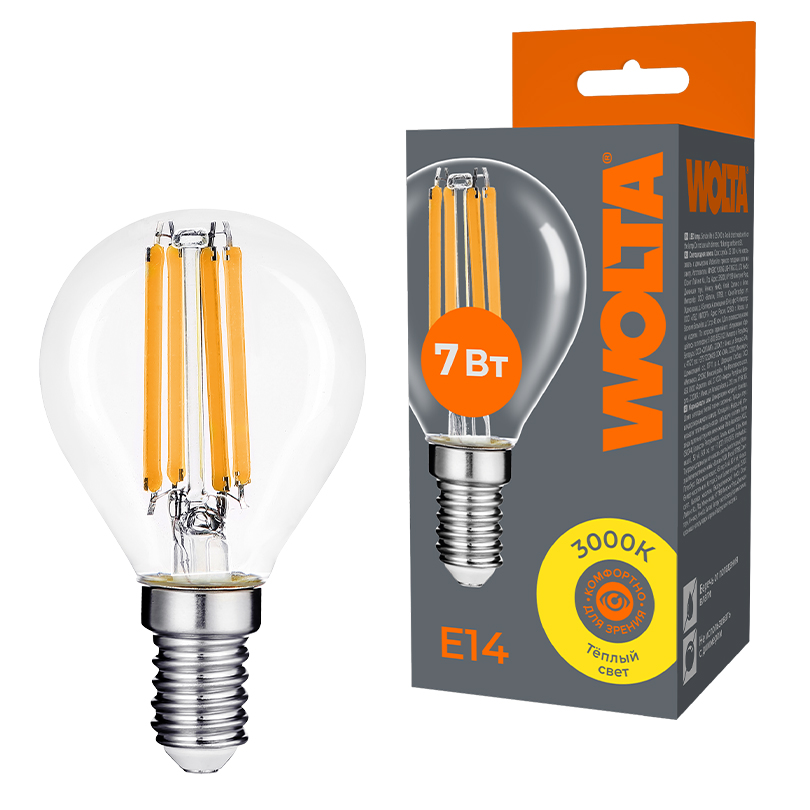 Лампа светодиодная филаментная WOLTA 7Вт 3000K Е14 шар прозрачный WF-G45-7W3KE14