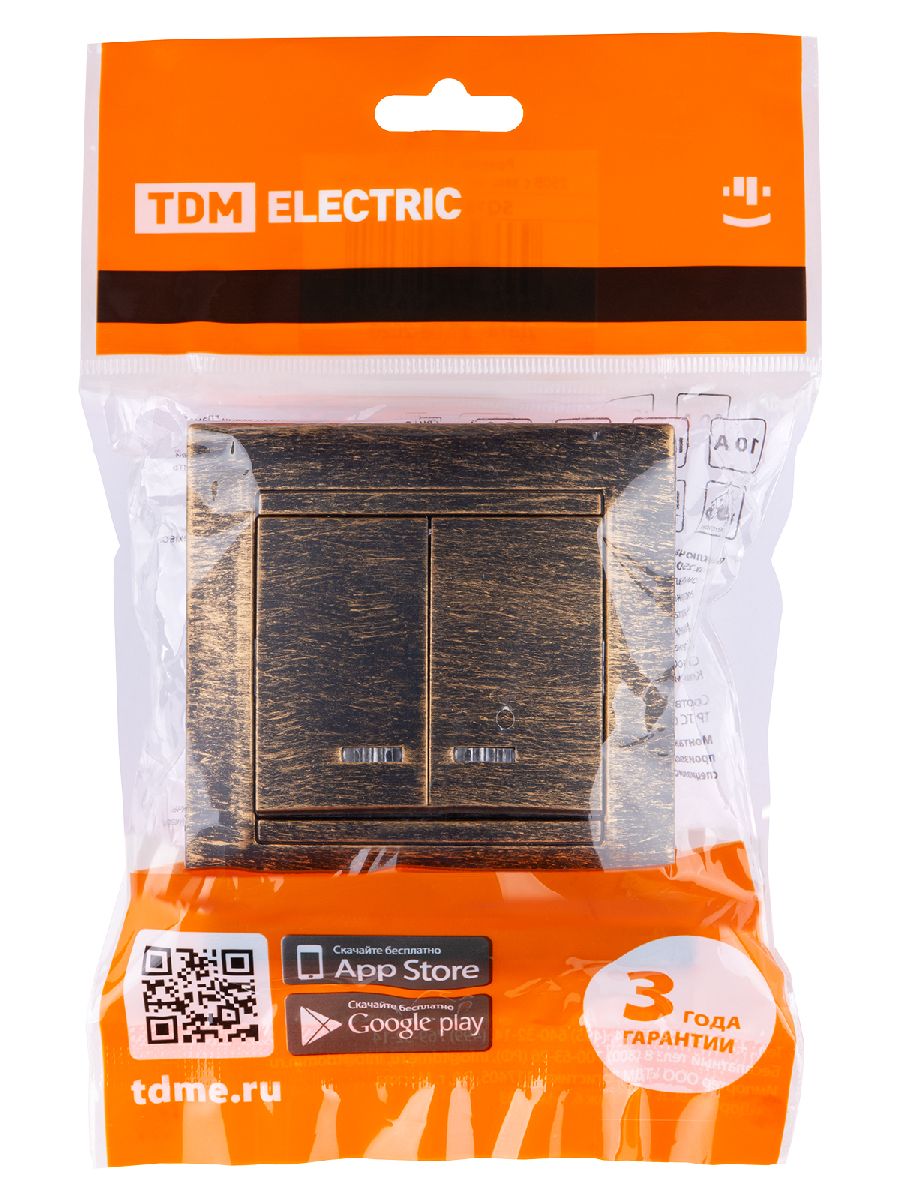 Выключатель двухклавишный с подсветкой Лама TDM Electric SQ1815-0747