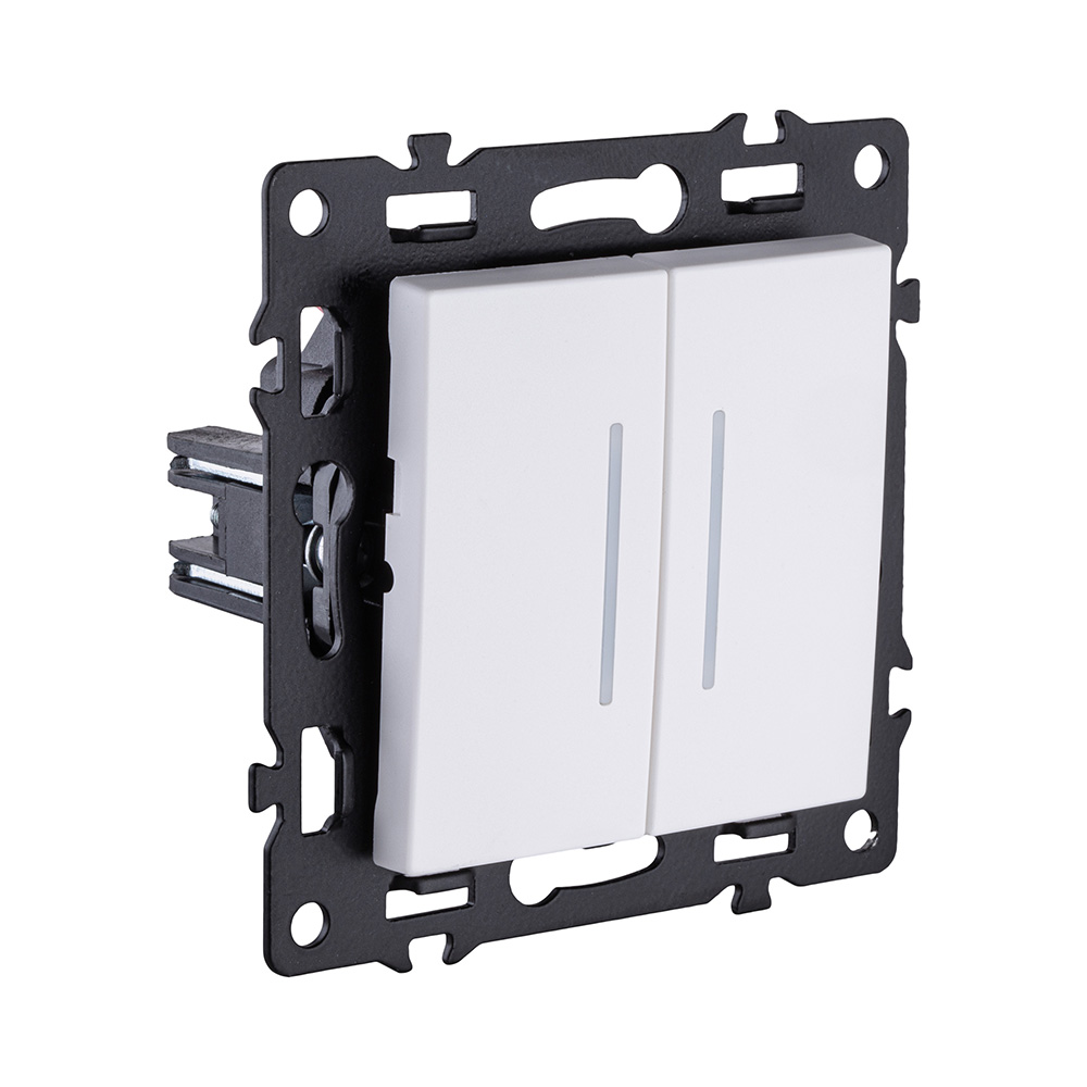 Выключатель 2-клавишный проходной 10А/250В с LED подсветкой, белый Kollinger Asthetik AS-011WH