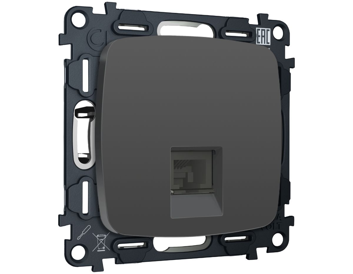 Комплект механизма компьютерной розетки Ambrella Volt RJ-45 (8P8C) CAT6A экранированной с автоматической защитной шторкой OMEGA MO912005 Графит soft touch QUANT (OP9120, VM185)