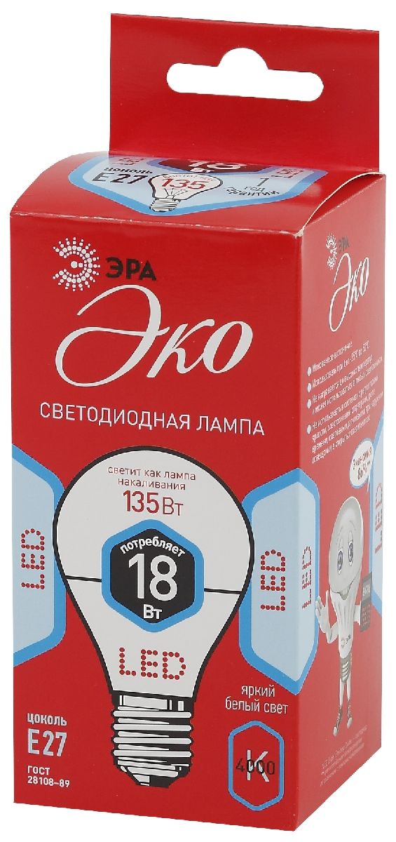 Лампа светодиодная Эра E27 18W 4000K ECO LED A65-18W-840-E27 Б0031708