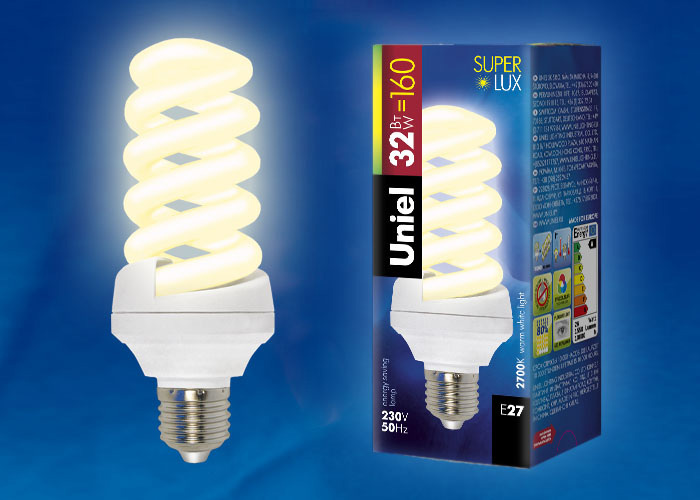 Лампа энергосберегающая (00084) Uniel E27 32W 2700K матовая ESL-S12-32/2700/E27