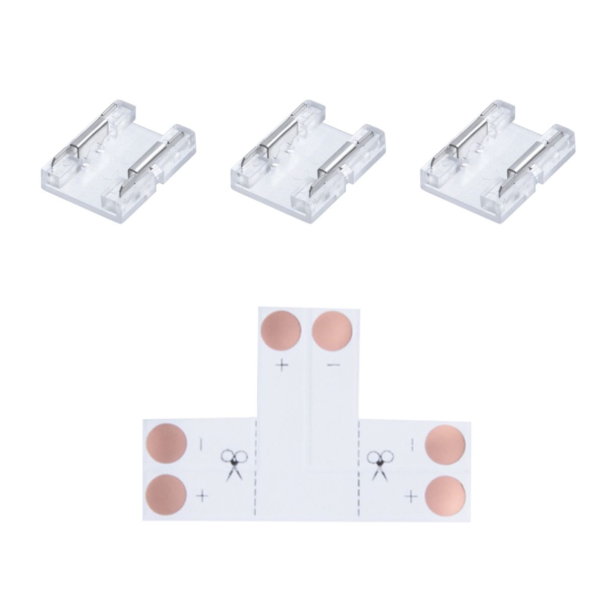 Комплект коннекторов (Т-образный +3 клипсы) для одноцв. светод. ленты 12/24В, COB, IP20, подложка 8 мм Apeyron 09-104