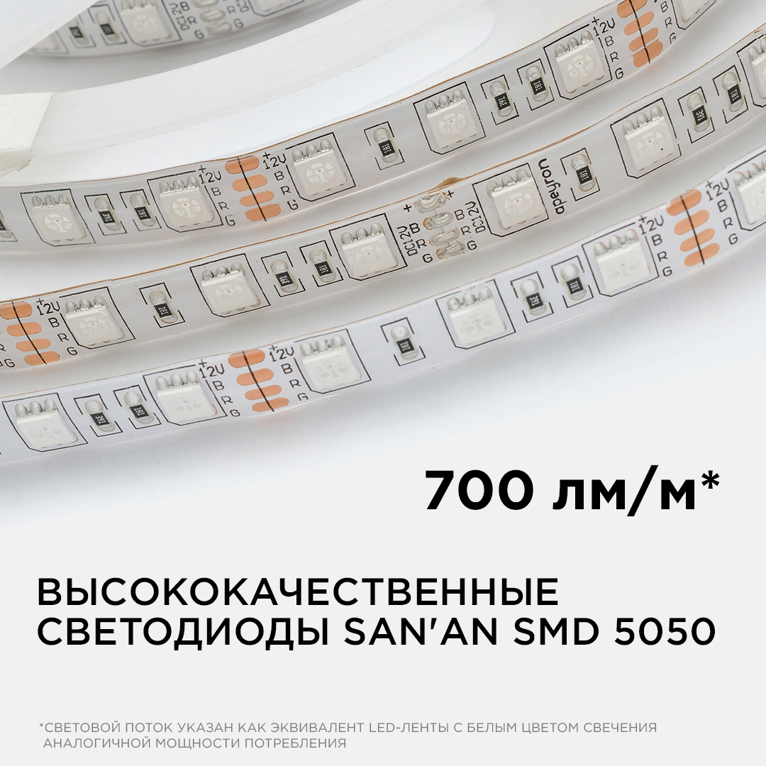 Светодиодная лента Apeyron 12В 14,4Вт/м smd5050 60д/м IP65 1м RGB 260BL