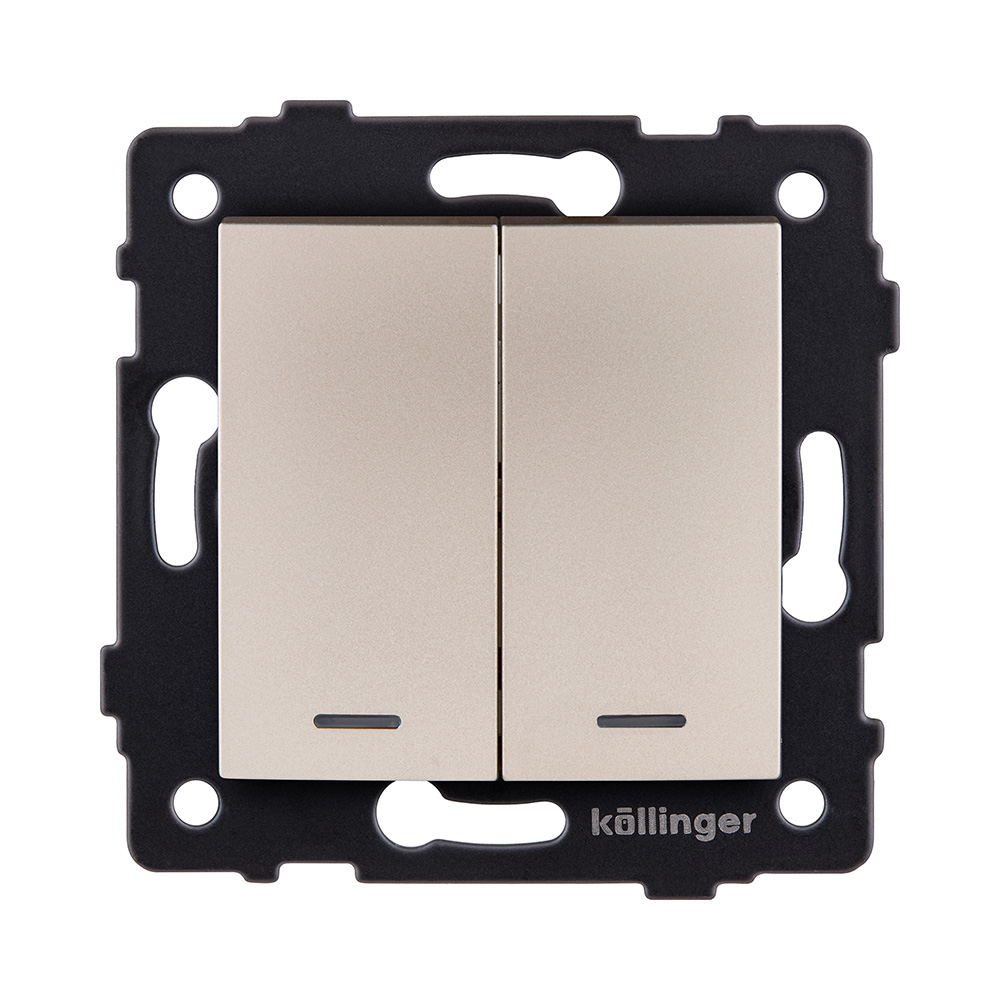 Выключатель кнопочный 2-клавишный 10А/250В с LED подсветкой, изогнутый, золотой Kollinger REA-R-014GD для Aspekt, Eleganz, Reflex