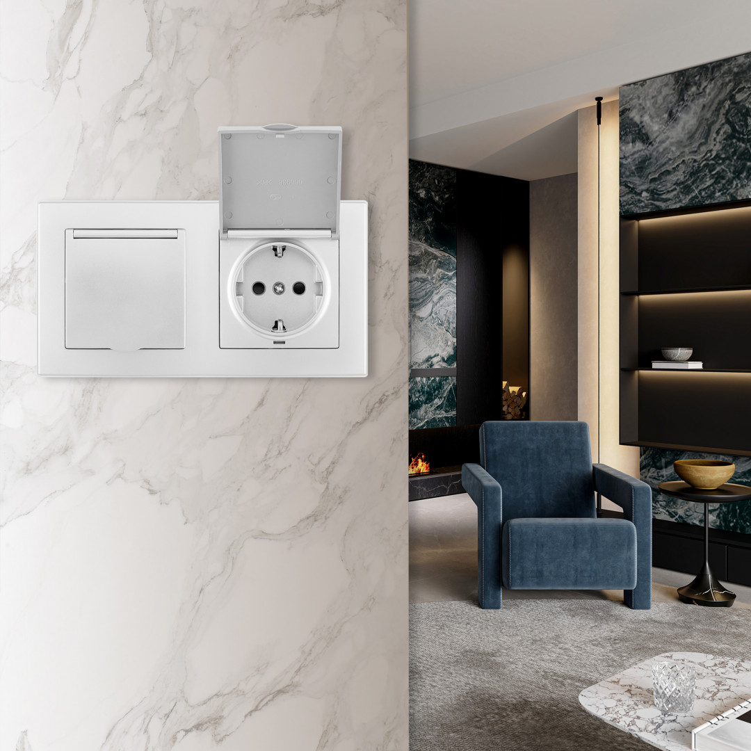 Розетка двойная (двухпостовая) с/з и шторками Arte Milano SET06-2-41-1x2 silver