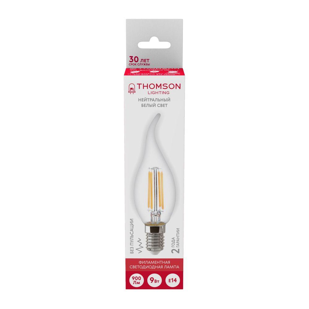 Лампа светодиодная филаментная Thomson E14 9W 4500K свеча на ветру прозрачная TH-B2078
