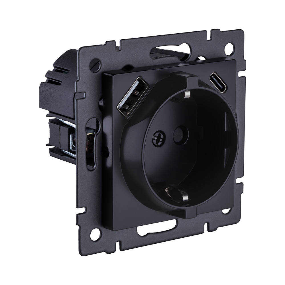 Розетка штепсельная SCHUKO 16A/250 В с USB A+C 20W, черный матовый Kollinger REA-004BM для Aspekt, Eleganz, Reflex