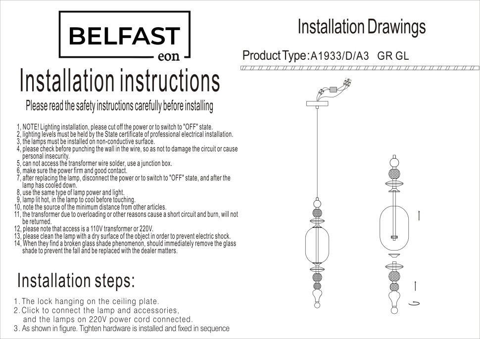 Подвесной светильник Belfast Herbison A1933-D-A3 GR GL