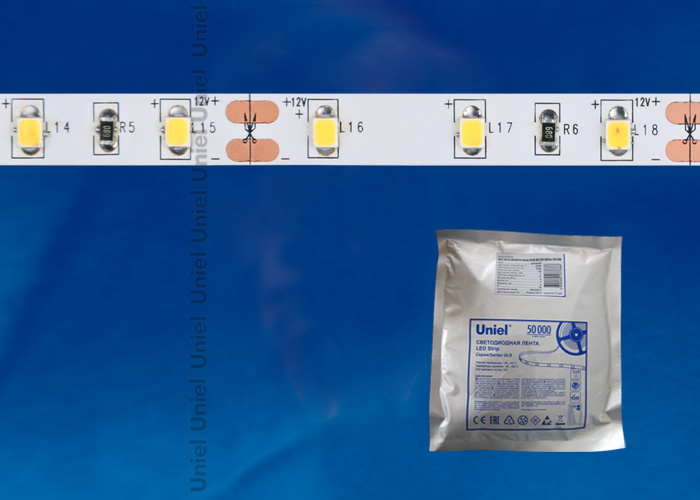 Светодиодная лента Uniel (11046) 9,6W/m 60LED/m 2835SMD холодный белый 5M ULS-2835-60LED/m-8mm-IP20-DC12V-9,6W/m-5M-DW