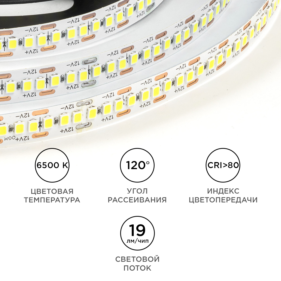 Светодиодная лента OGM 12В 2835 19,2Вт/м 6500К 19Лм/чип 5м IP20 LSE-267