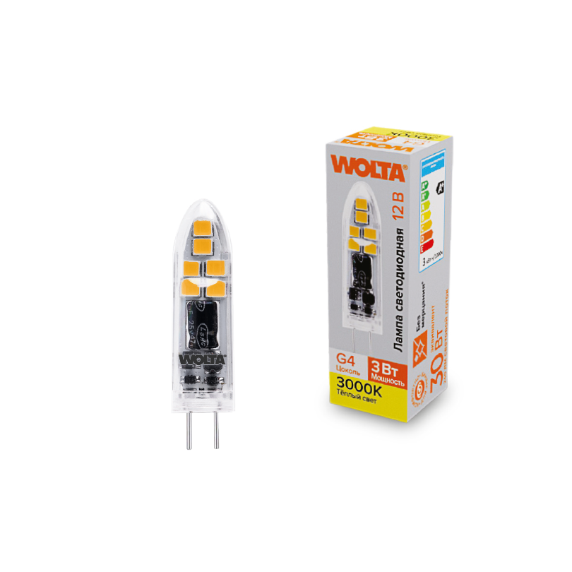 Светодиодная лампа WOLTA 3Вт 3000K G4 матовая WSTD-JC-12V3W3KG4-P