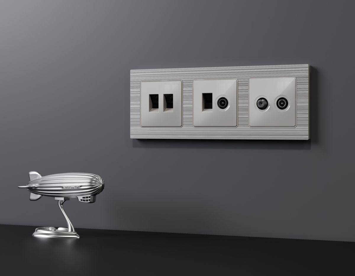 Комплект механизма розетки компьютерной + TV оконечной RJ-45 с автоматической защитной шторкой Alfa Серебро глянец Quant Ambrella Volt MA412510 (AP4125, VM195)