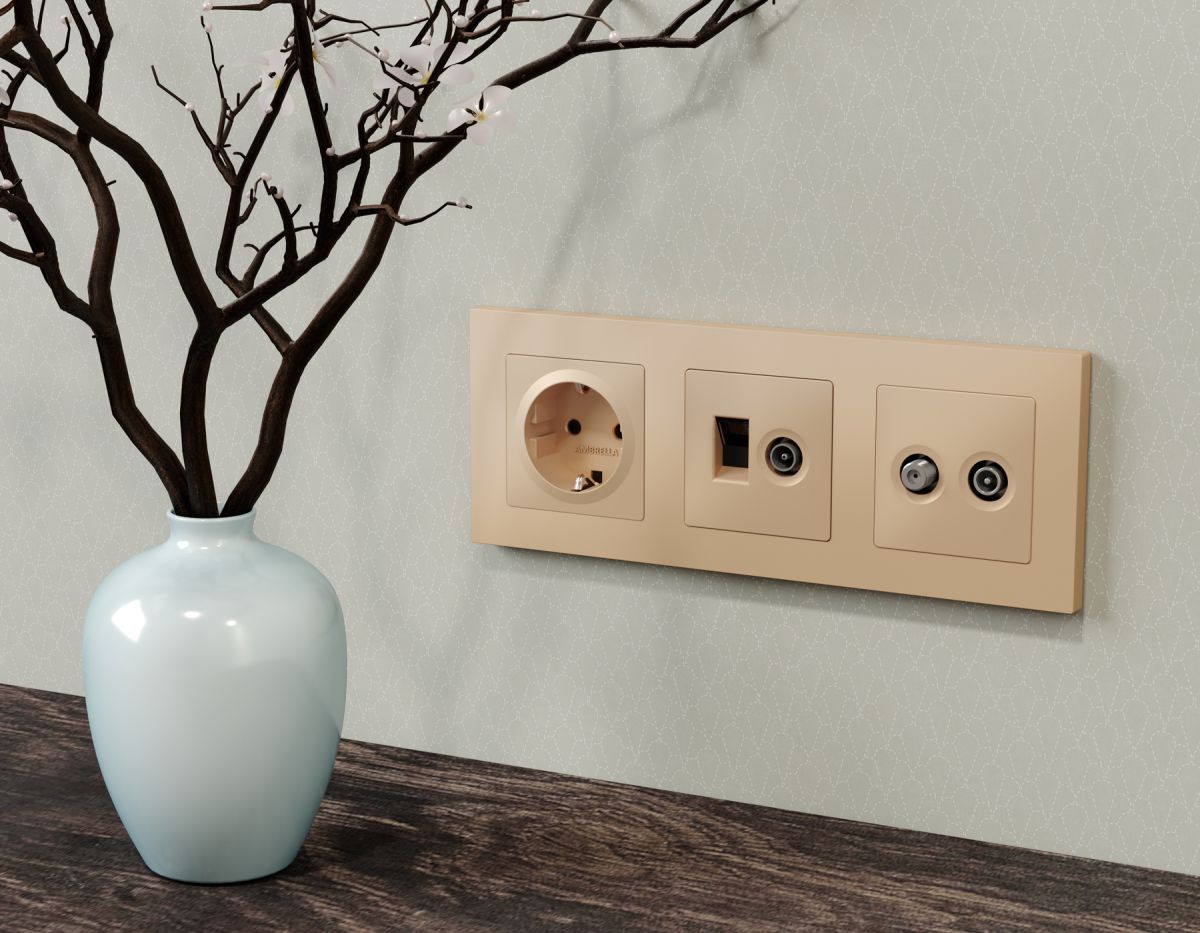 Комплект механизма розетки компьютерной + TV оконечной RJ-45 с автоматической защитной шторкой Alfa Шампань Quant Ambrella Volt MA612510 (AP6125, VM195)