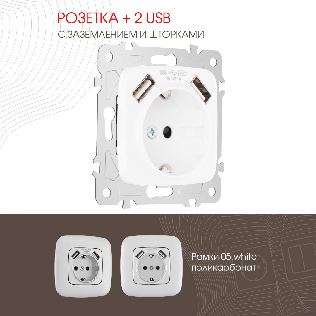 Розетка с заземлением, шторками + 2 USB Arte Milano 205.47-1.white