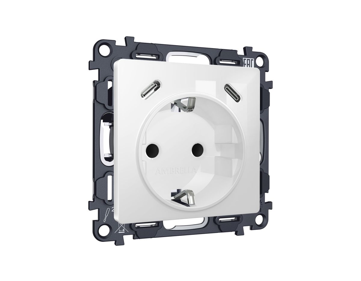 Комплект механизма электрической розетки 2USB С+C 20W с/з на винтовых зажимах 16A-250V Alfa Белый глянец Quant Ambrella Volt MA110510 (AP1105, VM165)