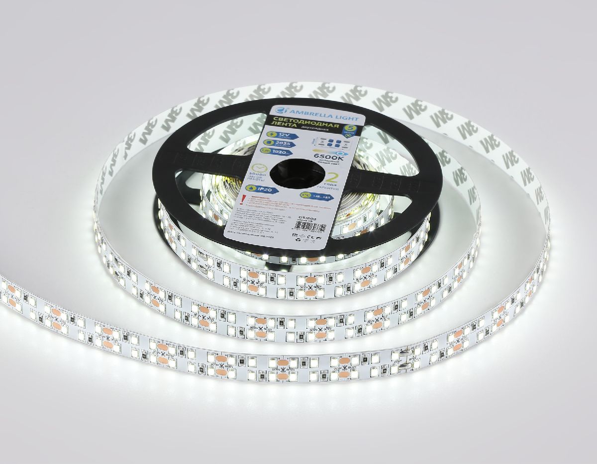 Светодиодная лента двухрядная Ambrella Light LED Strip 12В 2835 19,2Вт/м 6500K 5м IP20 GS1603