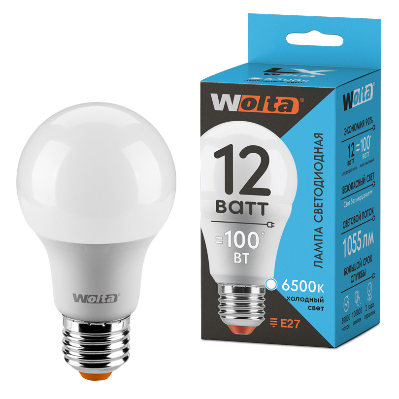 Светодиодная лампа WOLTA LX 12Вт 6500К Е27 груша матовая 30W60BL12E27