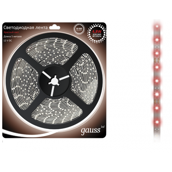 Светодиодная лента Gauss 4,8W/m 60LED/m 2835SMD красный 5M EB312000705