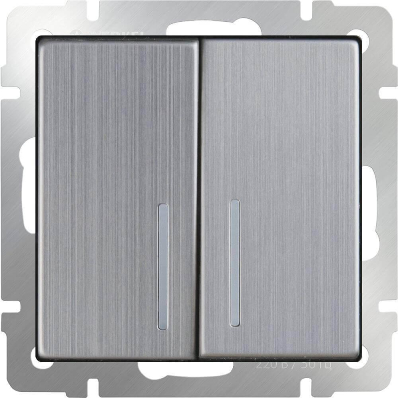 Выключатель Werkel двухклавишный проходной с подсветкой глянцевый никель WL02-SW-2G-2W-LED 4690389059223