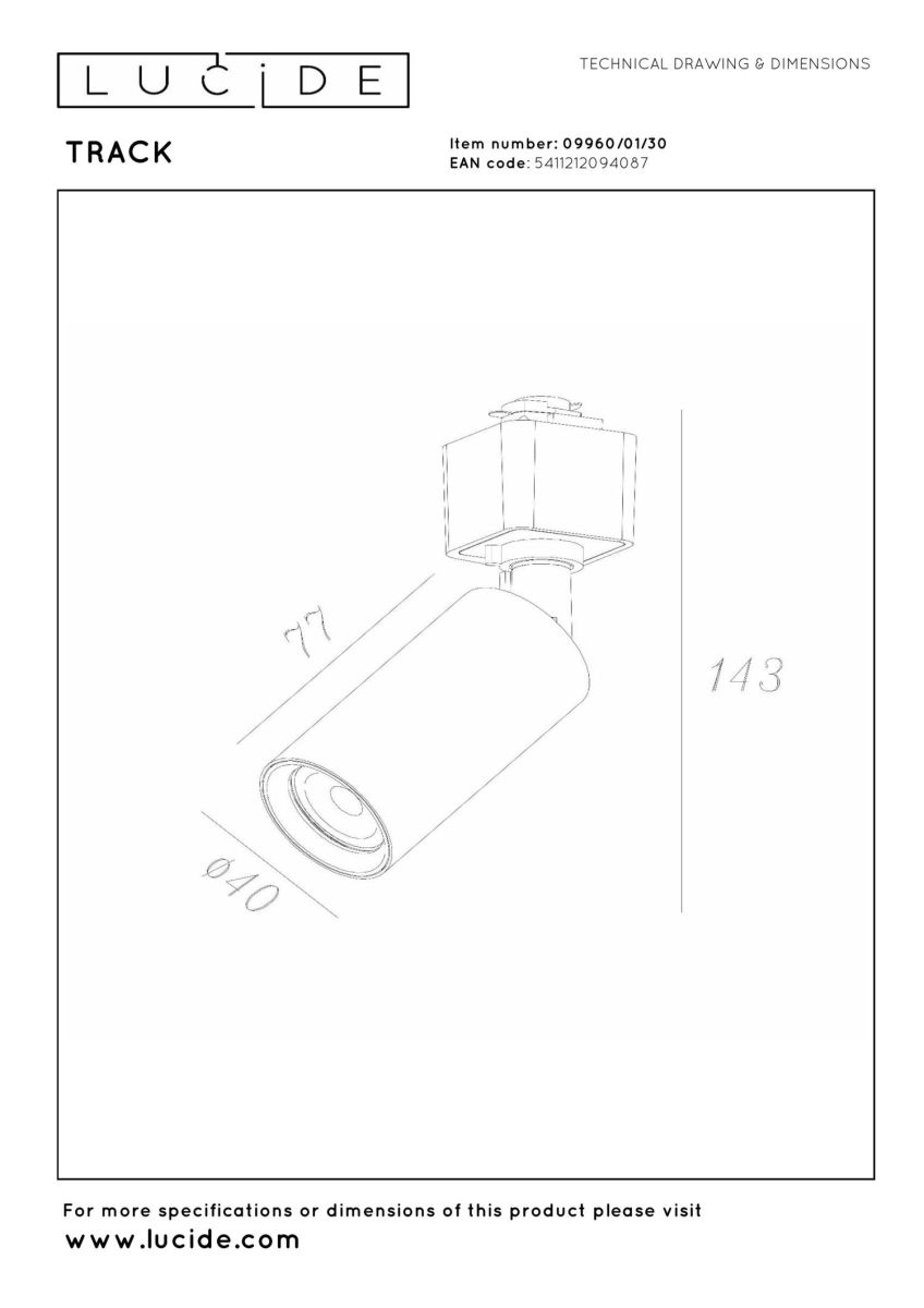 Трековый однофазный светильник Lucide Track 09960/01/30