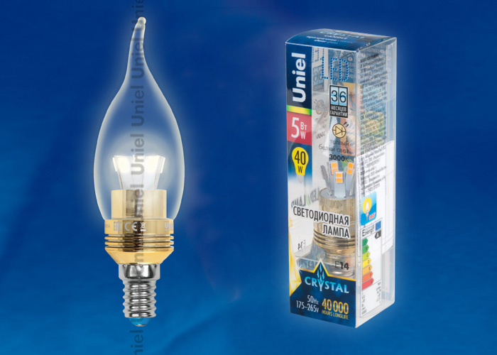 Лампа светодиодная (10059) Uniel E14 5W 3000K прозрачная LED-CW37P-5W/WW/E14/CL ALC02GD