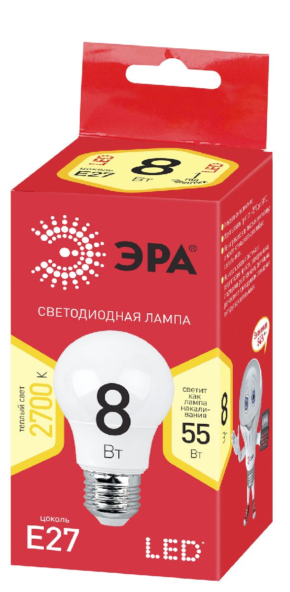 Лампа светодиодная Эра E27 8W 2700K ECO LED A55-8W-827-E27 Б0032095