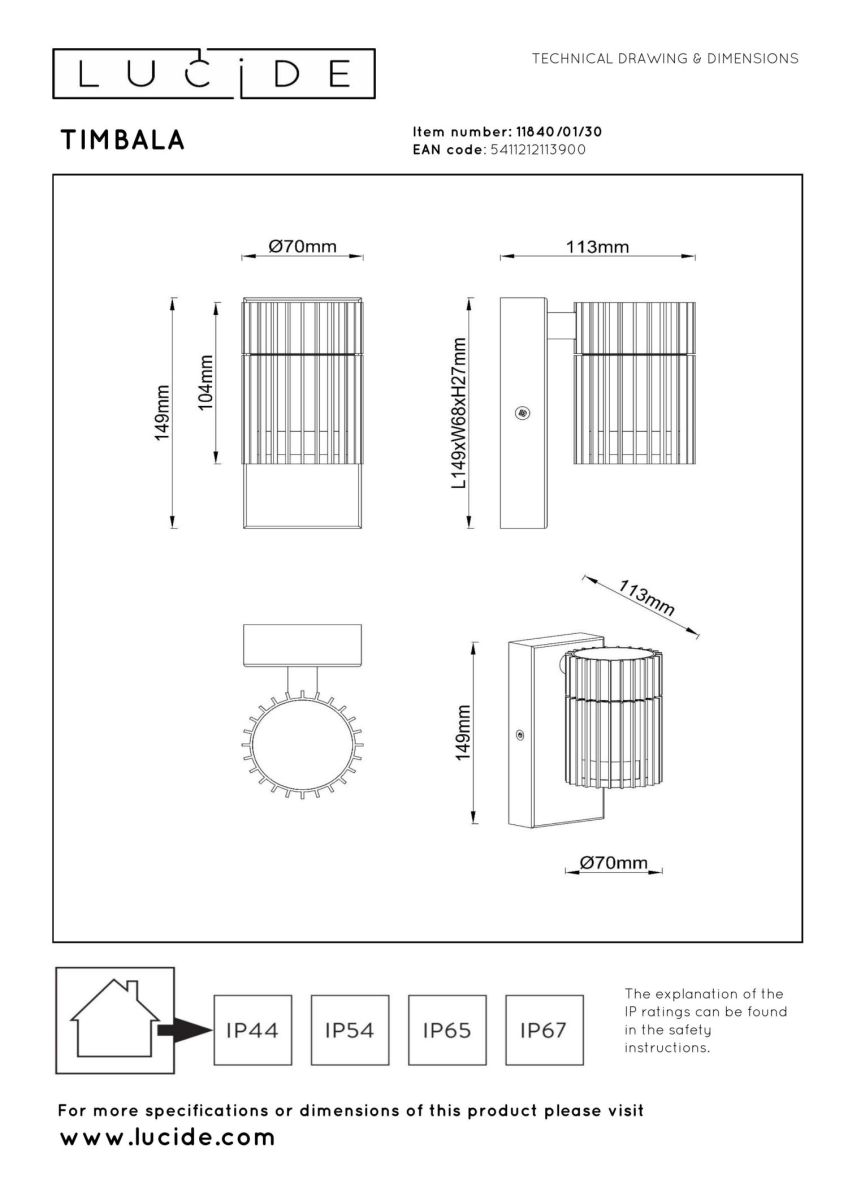 Уличный настенный светильник Lucide Timbala 11840/01/30