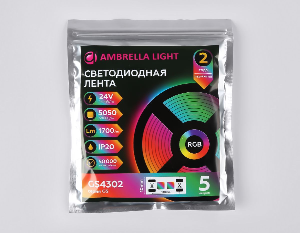 Светодиодная лента Ambrella Light LED Strip 24В 5050 14,4Вт/м RGB 5м IP20 GS4302
