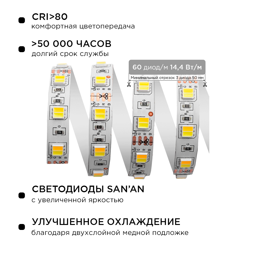 Комплект светодиодной ленты Apeyron 12В 14,4Вт/м smd5050 60д/м IP20 700Лм/м 2,5м 3000К+6500К (коннектор, контроллер) 10-222