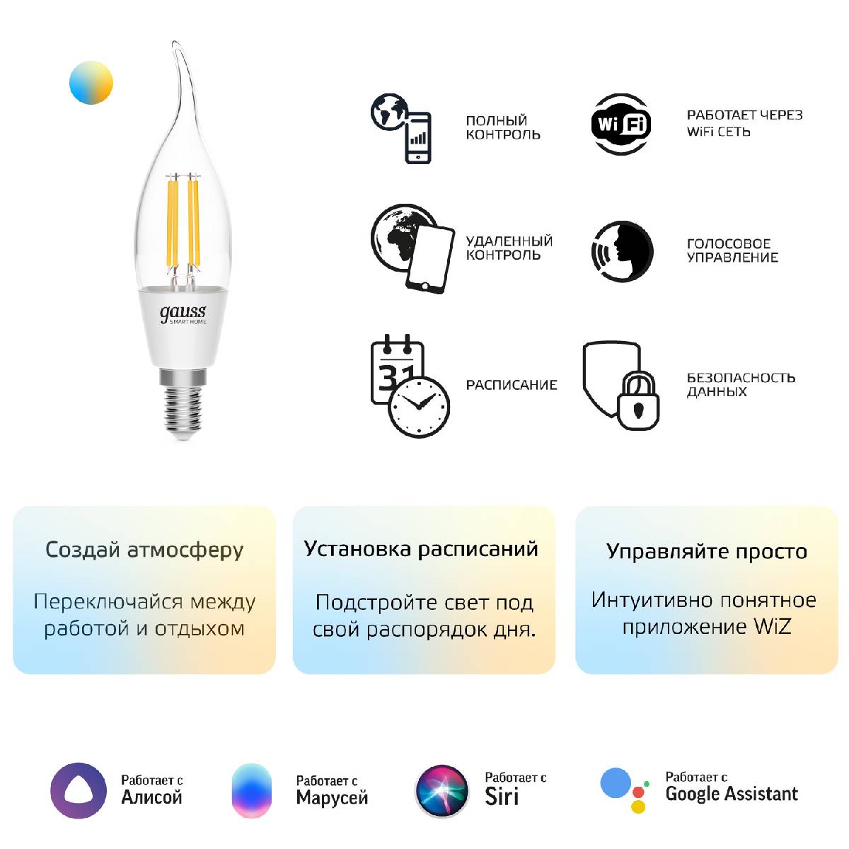 Лампа светодиодная диммируемая филаментная Gauss E14 4,5W 2000-6500K прозрачная 1280112