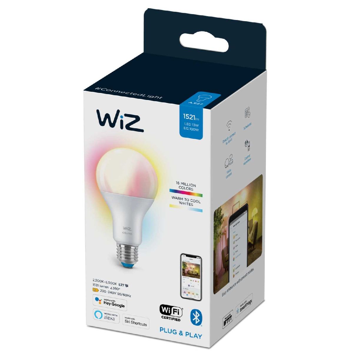 Умная светодиодная лампа Wiz Wi-Fi BLE100WA67E27922-65RGB1PF/6 E27 13W 2200/6500K 929002449702