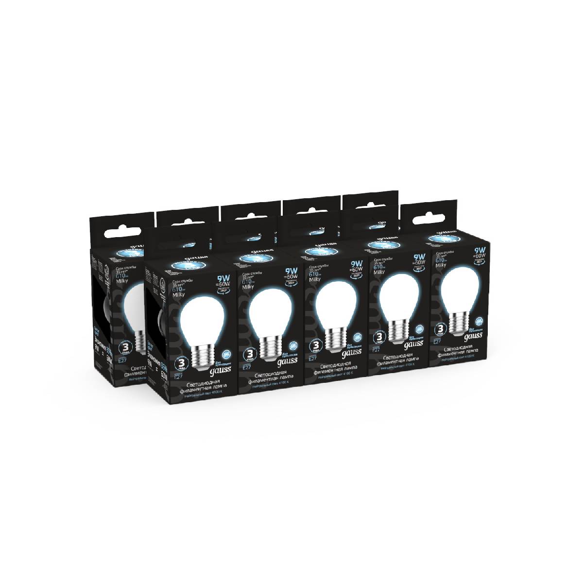 Лампа светодиодная филаментная Gauss E27 9W 4100К матовая 105202209