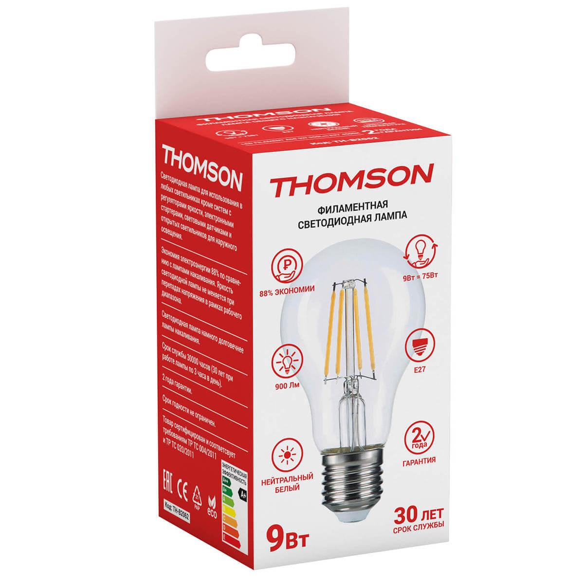 Лампа светодиодная филаментная Thomson E27 9W 4500K груша прозрачная TH-B2062