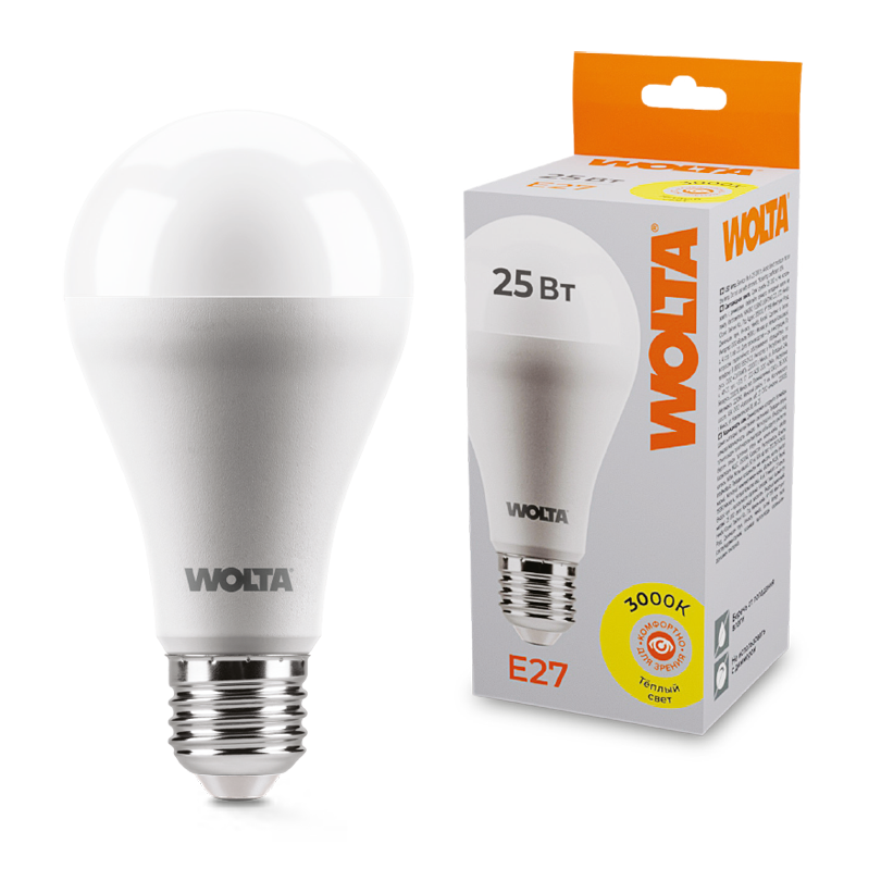 Светодиодная лампа WOLTA 25Вт 3000К E27 груша матовая 25Y67BL25E27