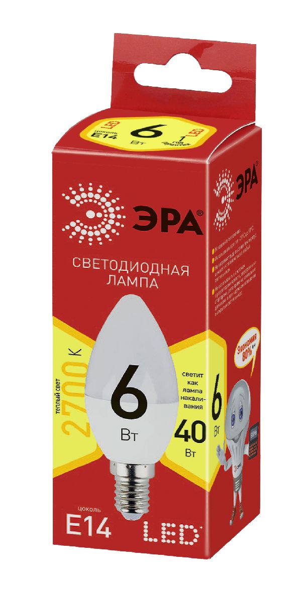 Лампа светодиодная Эра E14 6W 2700K ECO LED B35-6W-827-E14 Б0020618