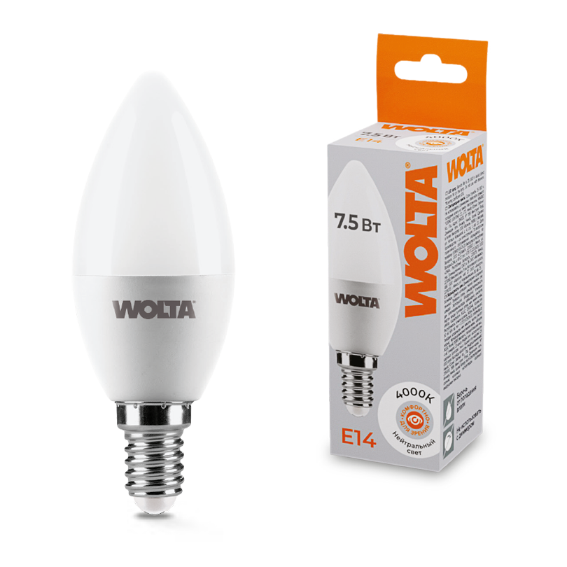 Светодиодная лампа WOLTA 7.5Вт 4000K E14 свеча матовая 25SC7.5E14