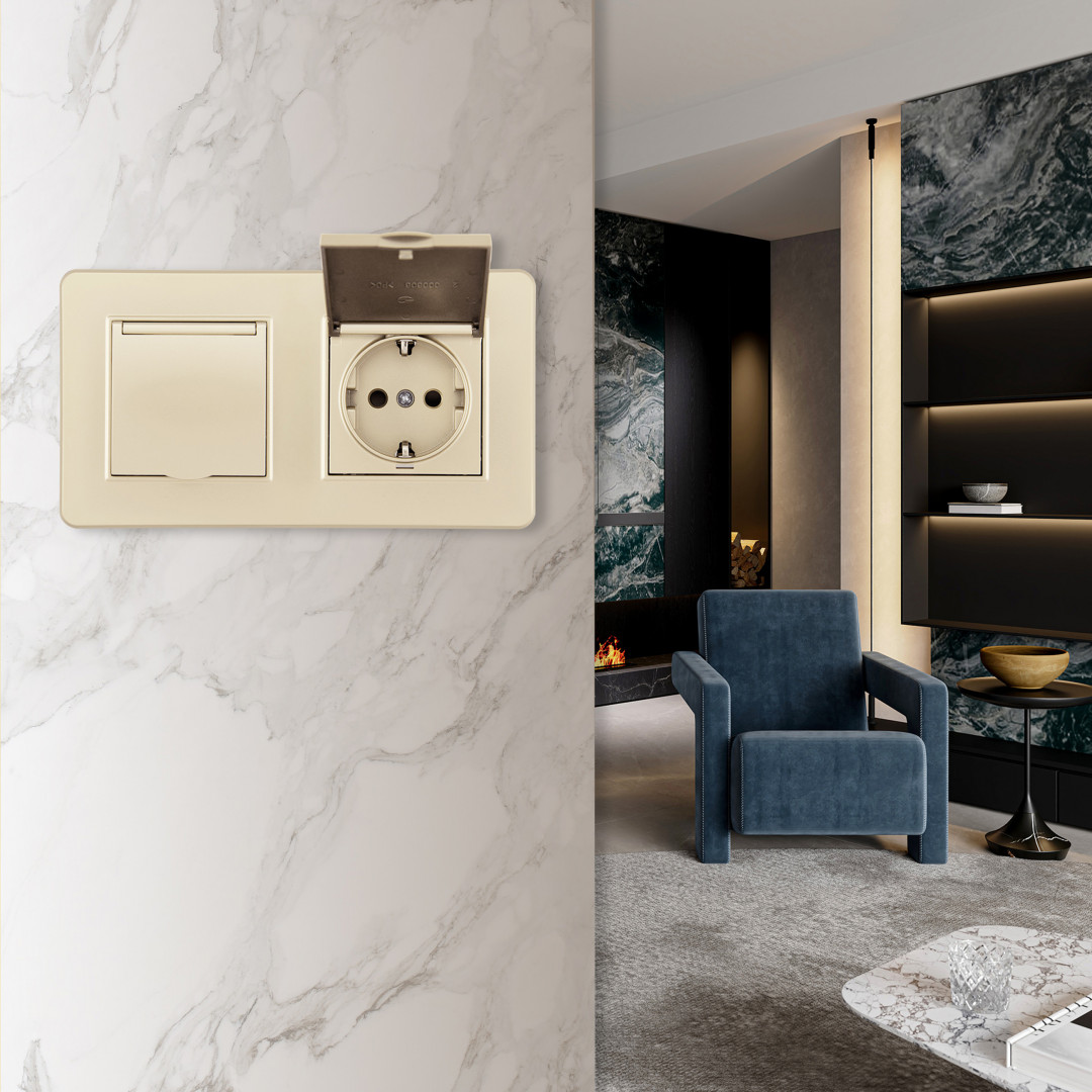 Розетка двойная (двухпостовая) с/з и шторками Arte Milano SET16-2-41-1x2 shampan