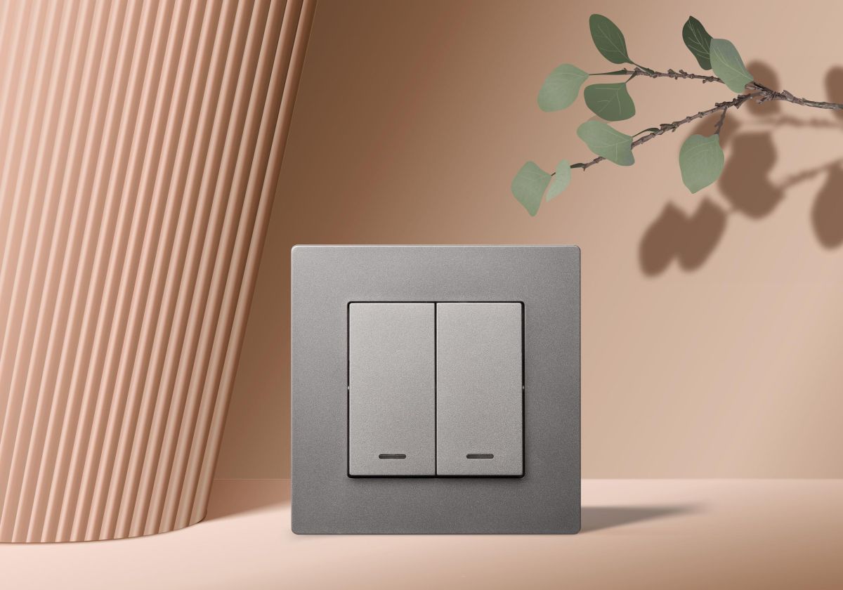 Выключатель кнопочный 2-клавишный 10А/250В с LED подсветкой, серый Kollinger REA-S-014GY для Aspekt, Eleganz, Reflex