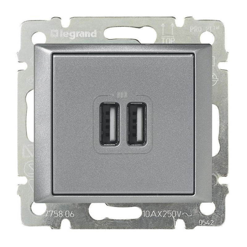 Розетка USB двойная Legrand Valena 240V/5V 2400mA алюминий 770270