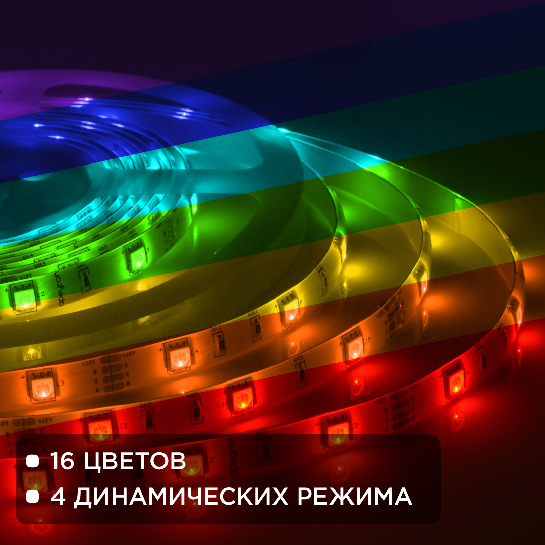 Комплект светодиодной ленты Apeyron 12В 7.2Вт/м smd 5050 30 д/м IP65 5м RGB (блок, коннектор, контроллер)  10-03
