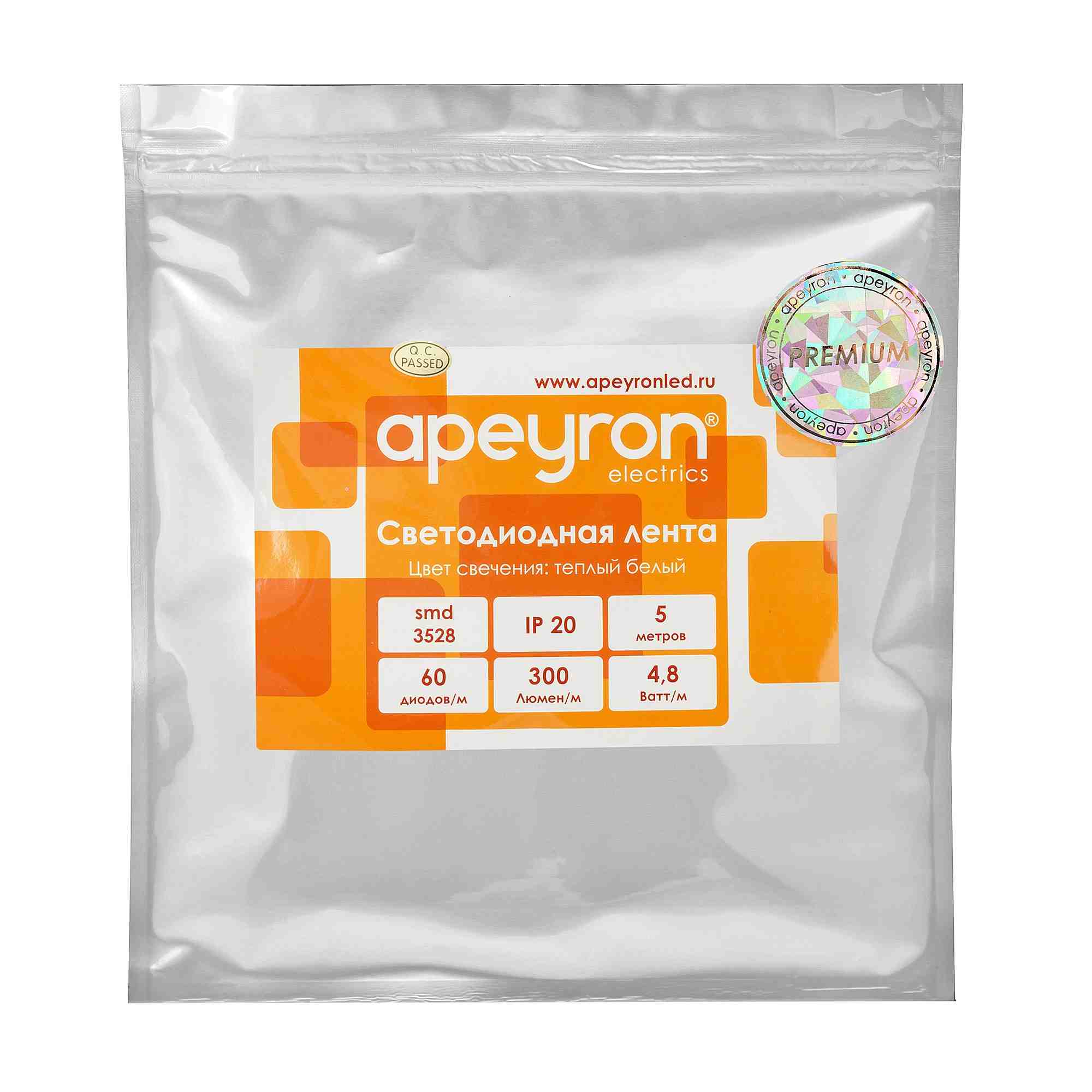Светодиодная лента Apeyron12В 4,8Вт/м smd3528 60д/м IP20 300Лм/м 5м 3000К 00-403