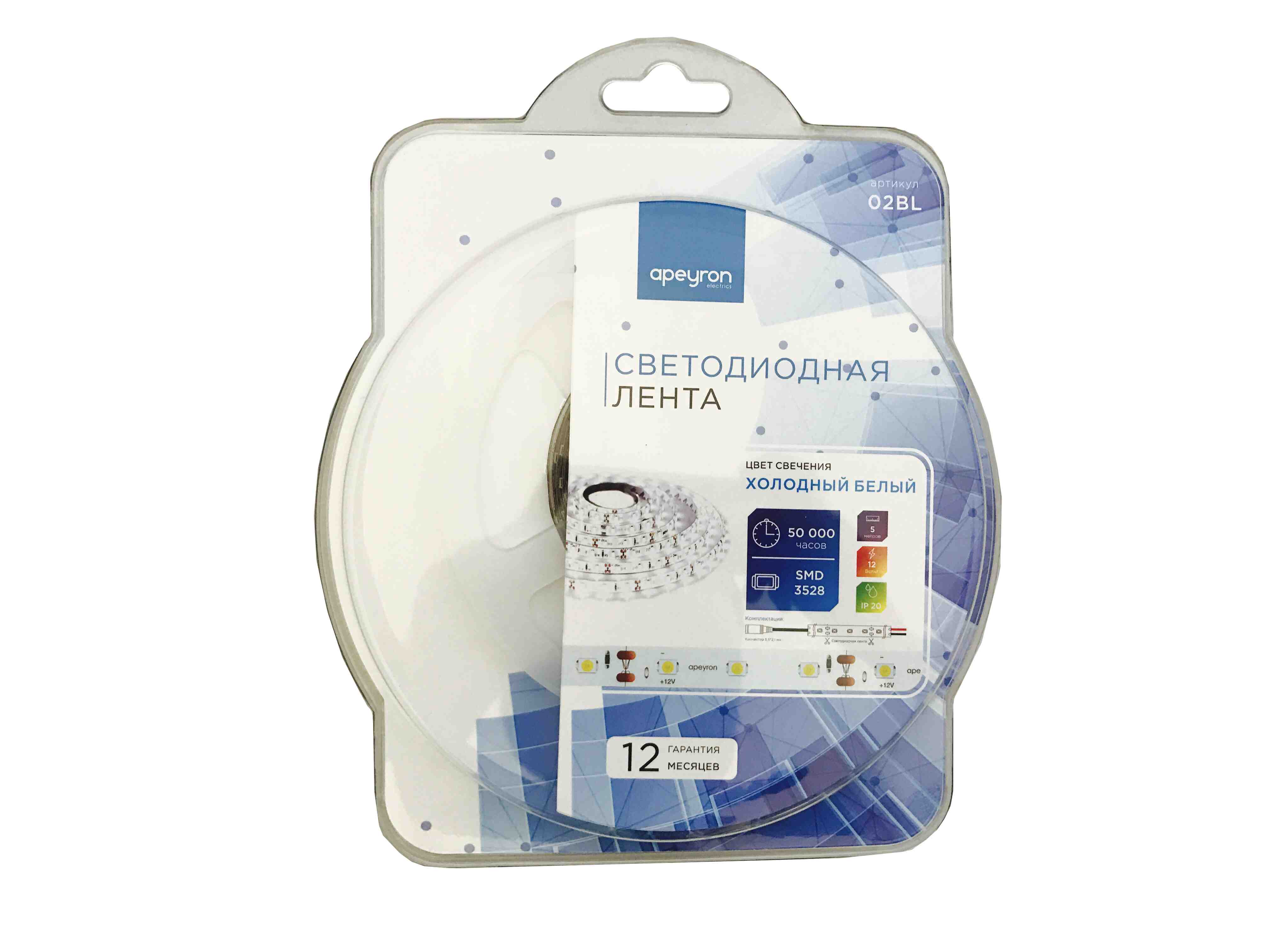 Светодиодная лента Apeyron 12В СТ 4,8Вт/м smd3528, 60д/м IP20 280Лм/м 5м 6500К 02BL