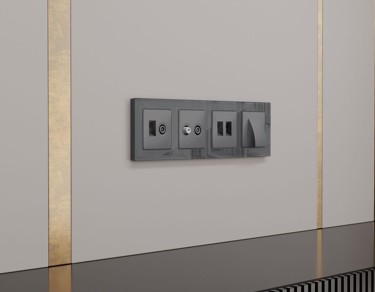 Комплект механизма розетки компьютерной + TV оконечной RJ-45 с автоматической защитной шторкой Alfa Антрацит серый Ambrella Volt MA662510 (AP6625, VM195)